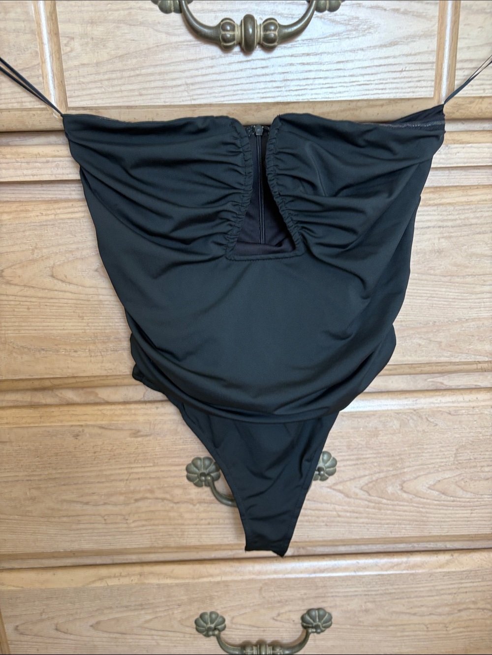 Black Ruched One-Piece Vici bodysuit with Sweetheart Cut